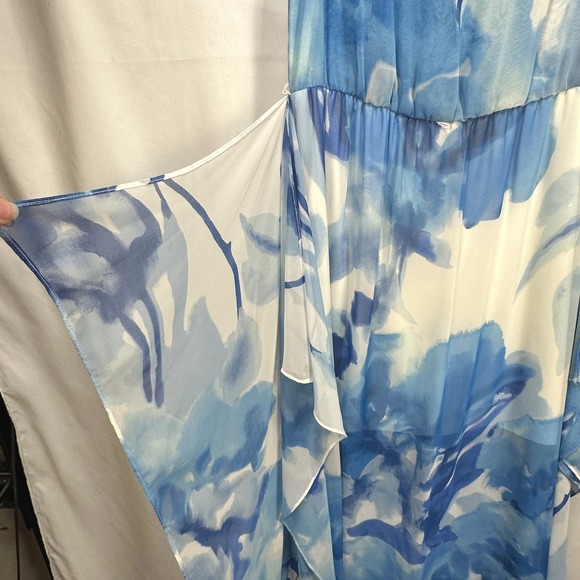 Calvin Klein Blue Watercolor Floral Chiffon Handkerchief Hem Maxi Dress Women 12 - Picture 4 of 9